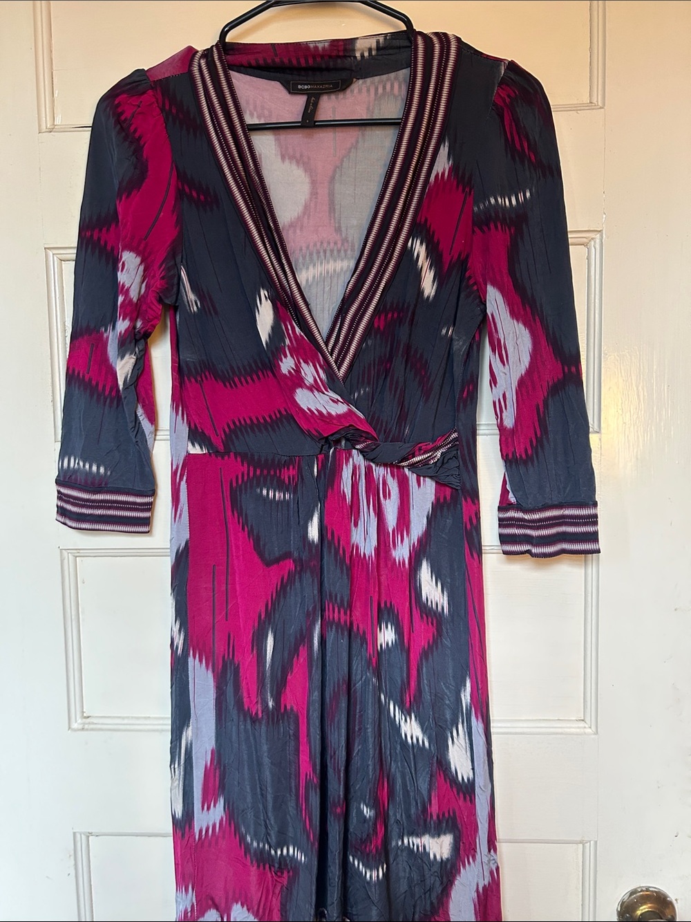BCBGMaxAzria Fuchsia & Charcoal Wrap-Style Long Sleeve Dress